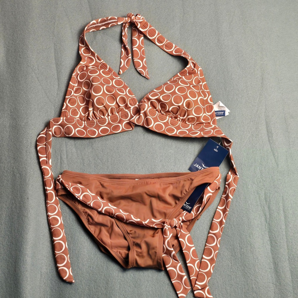 Jantzen Classic Brown White Circle Print Halter Bikini Set Size 10 Top 12 Bottom